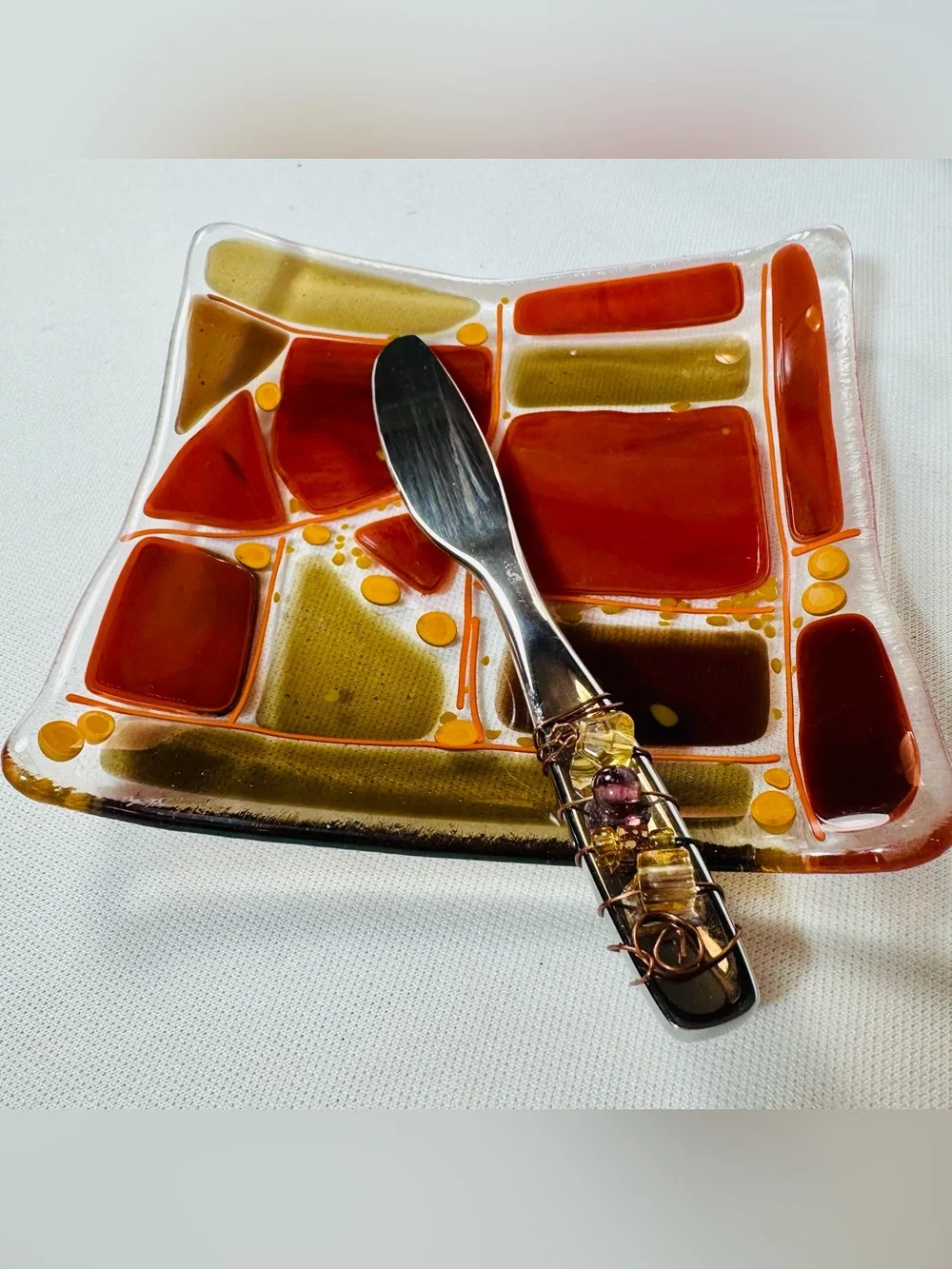 Beautiful Handmade Fused Glass Tray With Wire Wrapped Knife Spreader Fall Colors